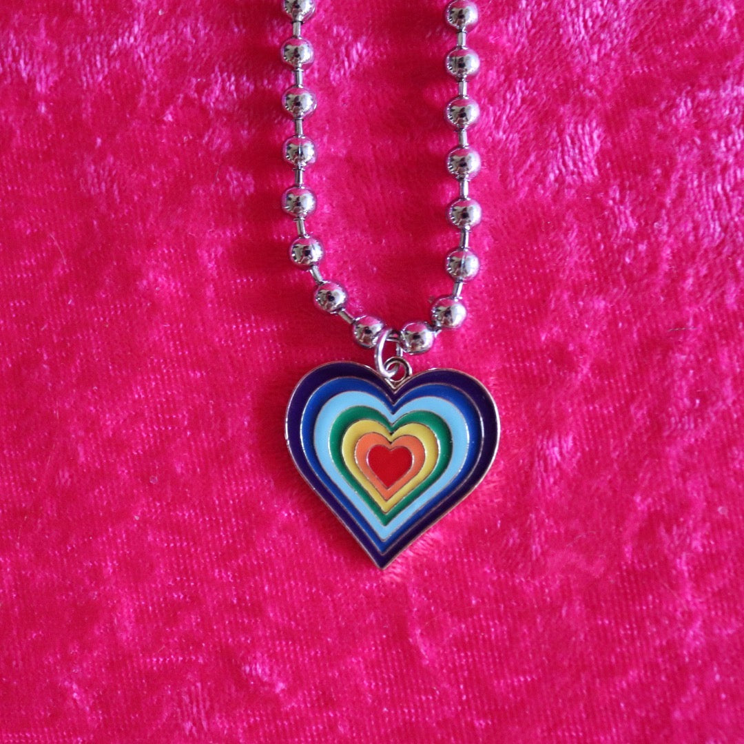 Rainbow Heart Ball Chain Necklace
